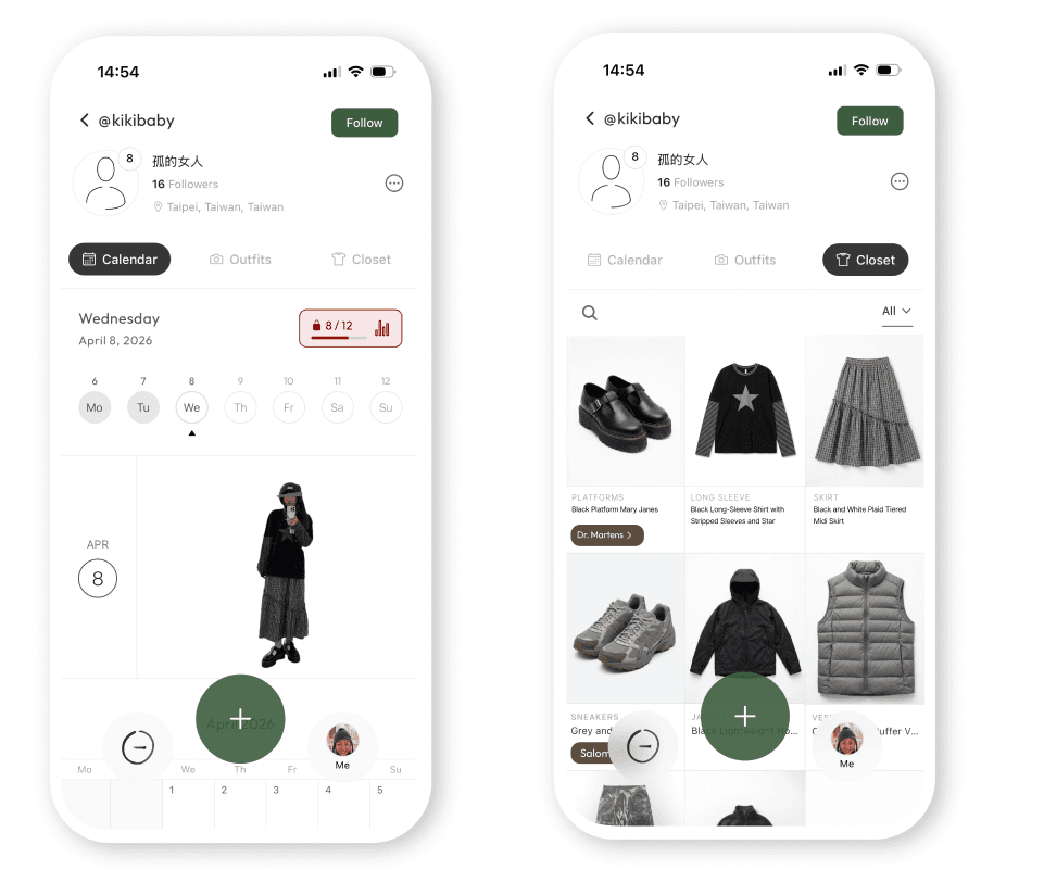 Two Lekondo iPhone screens — an outfit calendar with a logged wear, and the digital closet grid view of detected items.