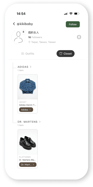 A Lekondo digital closet grouped by brand, showing an Adidas denim jacket and Dr. Martens platforms automatically detected and tagged from outfit photos.