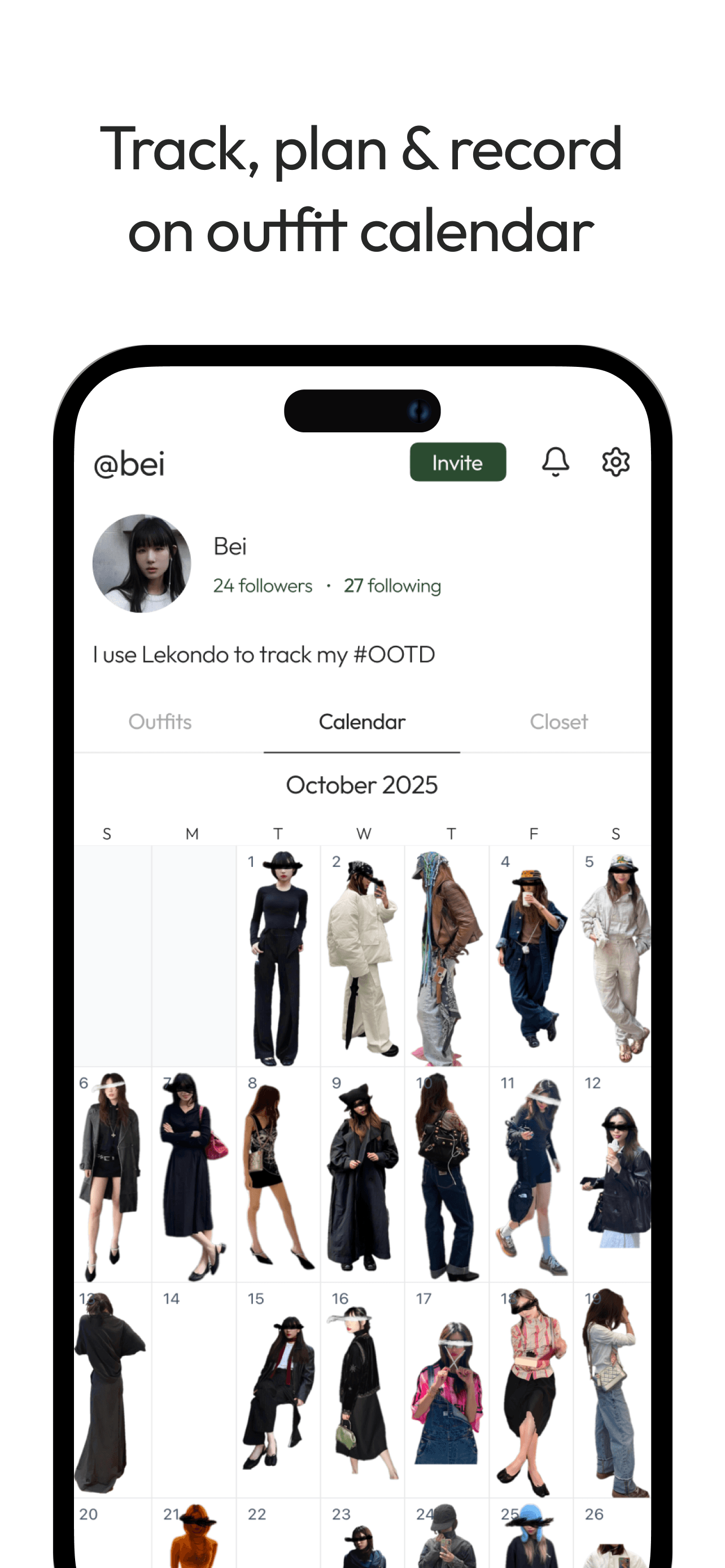 A Lekondo OOTD calendar for @bei, a grid of daily outfit photos throughout October 2025. The profile reads: I use Lekondo to track my #OOTD.