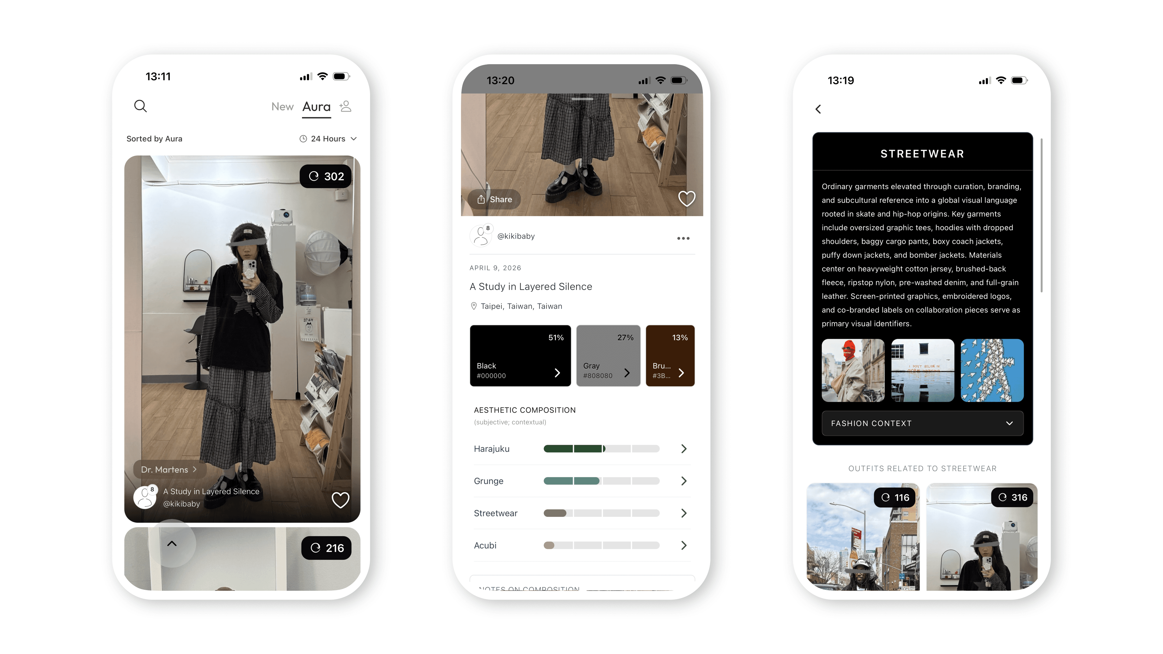 Three Lekondo screens showing the discovery side. A feed sorted by aura, an outfit detail page titled A Study in Layered Silence breaking down its aesthetic composition (Harajuku, Grunge, Streetwear, Acubi), and a color analysis page for Light Blue with related outfits.