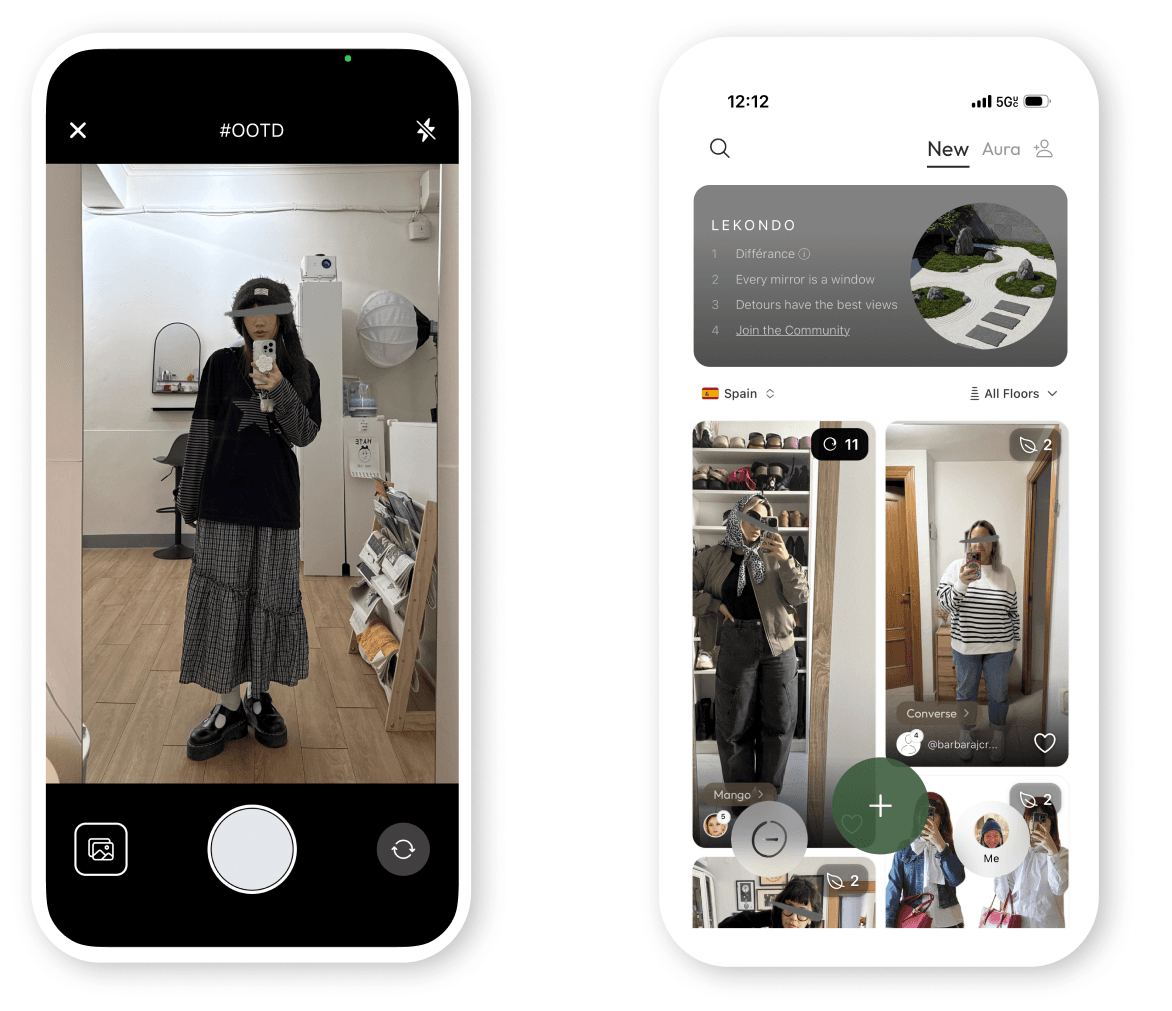 Two Lekondo screens side by side. On the left, the in-app camera for capturing an #OOTD mirror selfie. On the right, the discovery feed, anonymous, showing outfits tagged from Spain with brands like Mango and Converse.