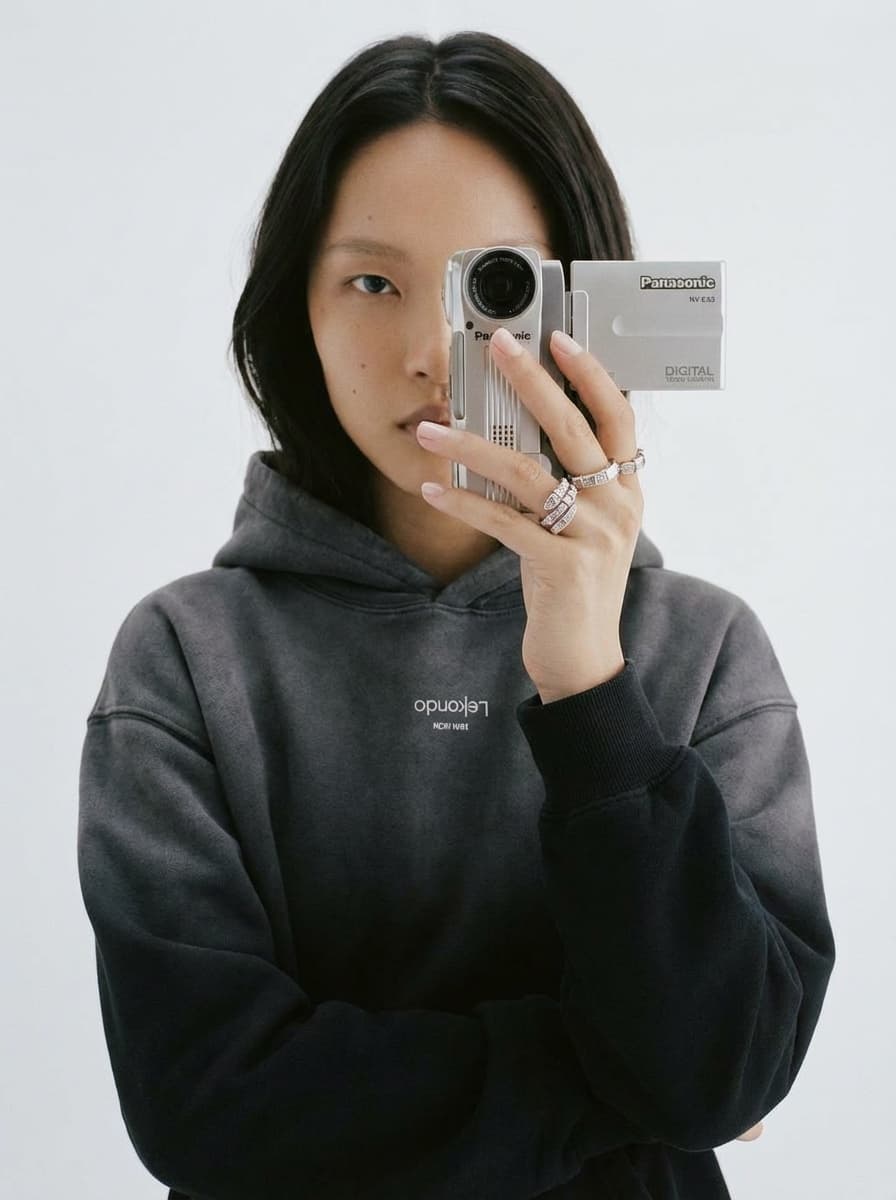Mannequin en hoodie tenant un caméscope